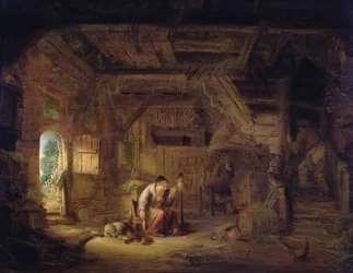 Interieur van een Schuur met een Oude Vrouw bij een Spinrok