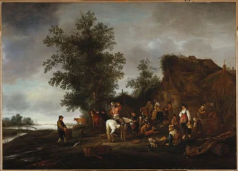 Reizigers verfrissen zich bij een taveerne aan de rivier, 1664