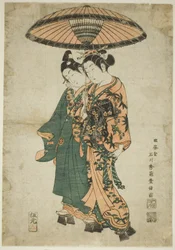 De acteurs Sanogawa Ichimatsu I en Segawa Kikunojo I als geliefden onder een paraplu