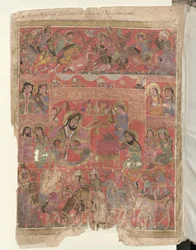 Volledige pagina: miniatuur: opdrachtafbeelding: midden-links een heersersfiguur, de opdrachtgever van het manuscript (miniatuur)