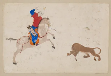Ruiter die een leeuw afslacht, uit Bukhara of Tabriz, Oezbekistan (kleur en goud op papier)