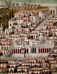 Islamitische kunst: gezicht op Damascus met de Grote Omajjadenmoskee van Damascus (705-715). Anoniem Syrisch schilderij uit de 17e eeuw. Syrië, Damascus, Azem-paleis of Azm.