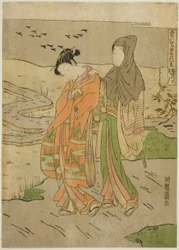 Ganzen dalen neer op de Sumida-rivier (Sumidagawa no rakugan), uit de serie "Acht Uitzichten van Welvaart in het Oostelijke Dorp (Azuma no sato eiga hakkei)"