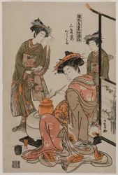 De courtisane Karahama van Yamashiroya voert de theeceremonie uit (uit de serie Modellen voor mode: Nieuwe ontwerpen zo fris als jonge bladeren)
