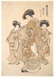 De courtisane Karauta van het bordeel Ōgiya, uit de serie „Patronenboek van de eerste ontwerpen van het jaar, fris als lentekruiden“ („Hinagata wakana no hatsu moyō“)