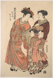 De courtisane Shiratama van het bordeel Tamaya, uit de serie „Een patroonboek van de eerste ontwerpen van het jaar, fris als lentekruiden“ („Hinagata wakana hatsu moyō“)