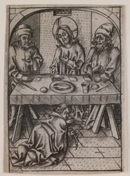Maria Magdalena wast de voeten van Christus, ca. 1500 (gravure)