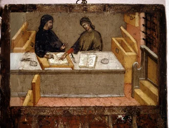 Een kamerheer en een belastinginner op kantoor, Biccherna (omslag van het boekhoudregister van de stad Siena) uit 1394. Nationaal Archief - Museo delle Tavolette di Biccherna, Siena