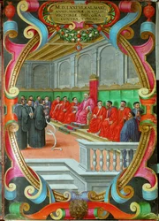 Een vergadering van de Grote Raad van Venetië voorgezeten door Doge Sebastiano Venier