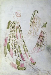 Een vrouw en twee mannen met lange jassen, ca. 1450