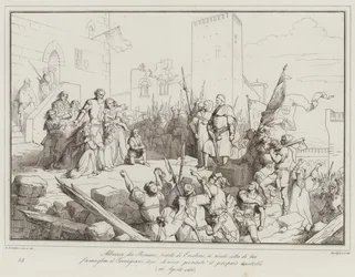 Alberico da Romano, broer van Ezzelino, geeft zich over met zijn familie aan de Trevigiani (gravure)