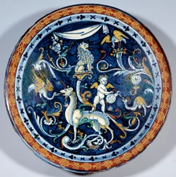 Cafaggiolo faience beker versierd met fantastische dieren