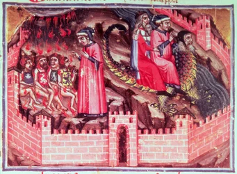 Canto XVII Vier Sodomieten: Dante en Vergilius rijden op de rug van Geryon in de Cirkel van de Bedriegers, uit de Goddelijke Komedie (de Inferno), ca.1313