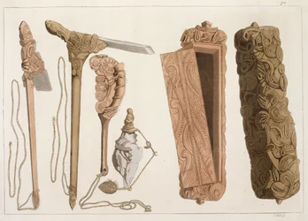 Gesneden en versierde Aboriginal gereedschappen, illustratie uit een collectie vroege 19e-eeuwse reisboeken