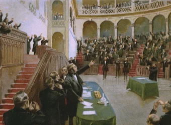 Cavour laat het eerste Italiaanse nationale parlement koning Victor Emanuel II (1820-78) toejuichen op 18 februari 1861, illustratie uit een album over de geschiedenis van het Risorgimento, gemaakt voor de chocolade