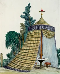 Chinees paviljoen in tuin, circa 1810, gravure, Italië