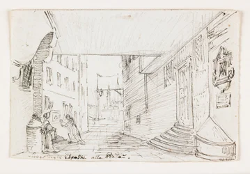 Stadsstraat in Genua, met de vuurtoren en haven op de achtergrond
