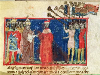 Doge Sebastiani Ziani ontvangt een verzoekschrift van Paus Alexander III (1159-81) en Keizer Frederik Barbarossa (c.1123-90)