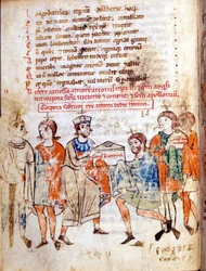 Hof van Mathilde van Canossa (of Gravin Mathilde van Toscane) (1046 - 1115) in ""Vita Mathildis"" door Donizone, manuscript uit de 13e eeuw. Lucca, Bibl, Governativa.