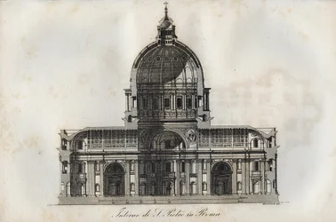 Dwarsdoorsnede van de Sint-Pietersbasiliek in Rome - gravure uit Usi e Costumi di Tutti i Popoli dell