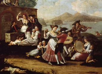Dansscène en volksfeest in Napels. Tarantelladansers (tarantella, tarantella). Anoniem schilderij. 18e eeuw, Napels, Museo Nazionale di San Martino