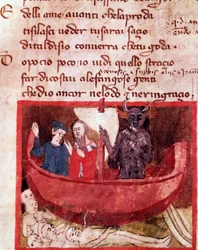 Dante en Vergilius op de boot van Phlegyas ontmoeten Filippo Argenti (canto 8 van de Hel, in de Goddelijke Komedie) - miniatuur