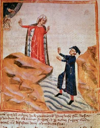 Dante ontmoet Mathelda aan de oever van de Lethe (canto 28 van het Vagevuur, in de Goddelijke Komedie) - miniatuur