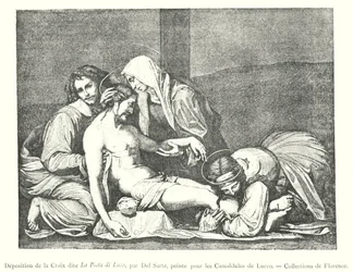 Kruisafneming genaamd La Pieta di Luco, door Del Sarto, geschilderd voor de Camaldulen van Lucco, Collecties van Florence (gravure)