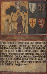 Don Stefano, monnik van San Galgano, knielt voor St. Galgano