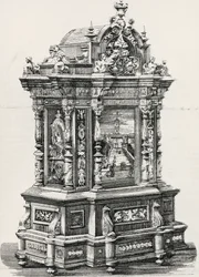 Ebbenhouten kabinet met inlegwerk door meubelmaker Alessandro Monteneri van Perugia (actief 19e-20e eeuw), illustratie uit Italiaanse tentoonstelling in 1881 in Milaan, Italië