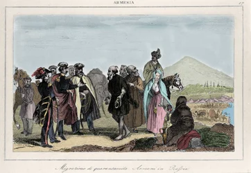 Emigratie van Armeniërs naar Rusland. 19e-eeuwse gravure