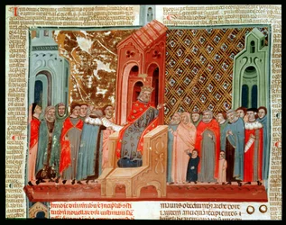 Keizer Justinianus (483-565) en zijn hof, uit Justinianus Istitutiones