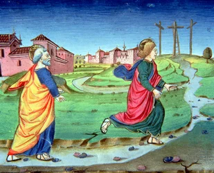 Fol.129vb Maria Magdalena brengt het nieuws van de opstanding aan Simon Petrus