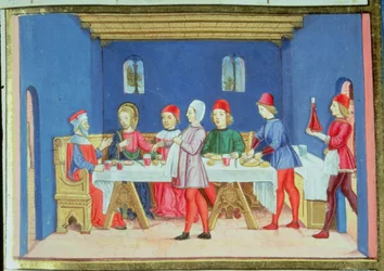 Fol.75v Jezus vraagt tijdens de maaltijd in het huis van de Farizeeër of hij op de sabbat mag genezen