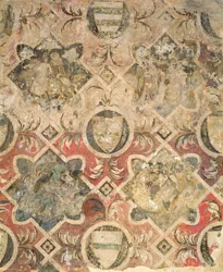Fragment van een fresco versierd met wapenschilden