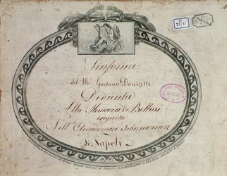 Frontispice detail van "Sinfonia in mi bemolle maggiore: dedicata alla memoria di Bellini" door Gaetano Donizetti (1797-1848)
