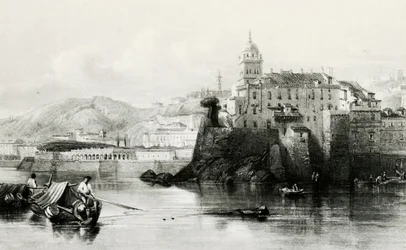 Genua marina muur met Villa Doria Pamphili op de achtergrond, gravure, ca. 1850, Italië