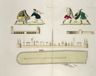 Gladiatoren en een plattegrond van het circus van Caracalla, plaat 23A, klasse 5 uit Deel I van De Geschiedenis van de Naties, gegraveerd door A. Nani