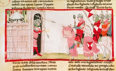 Guelfen blokkeren Ghibellijnen om de stad opnieuw binnen te komen, miniatuur uit de Cronica door Giovanni Villani, manuscript, Italië 14e eeuw
