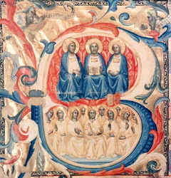 Geïllustreerde initiaal B met de Drie-eenheid en Christus omringd door engelen, Bolognese School, c.1340-50