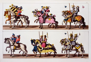 Heilige Roomse Rijk: Deelnemers aan een toernooi in het kasteel van Luxemburg in de tijd van Maximiliaan I, uit Costumi dei Romani, Svizzeri.. ca. 1800-18