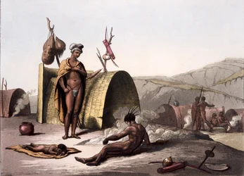 Hutten en manier van kamp leven van de Bosjesmannen, uit Costumi dei... door Giulio Ferrario, ca. 1820-30