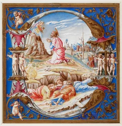 Initiaal D, met de Agonie in de Tuin, uit een koorboek (Add. 74233 A), ca. 1500 (perkament)