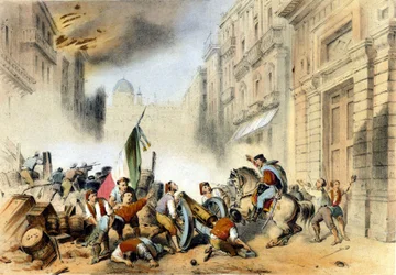 Italiaanse eenheid: op 26/05/1860, Giuseppe Garibaldi, aan het hoofd van zijn Roodhemden, de Duizend, betrad Palermo in Sicilië en gaf een beslissende slag aan het koninkrijk van de Bourbons van Napels. Gravure uit de 19e eeuw
