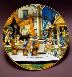 Jozef en de vrouw van Potifar. Jozef vlucht voor de vrouw van Potifar, die hem probeert te verleiden. Keramische schotel vervaardigd in Urbino, Italië. Rond 1537. Museo Nazionale del Bargello, Florence