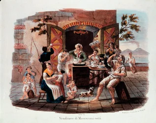 Klein Napolitaans beroep: een verkoper van gekookte macaroni. In de verte de Vesuvius aan de Baai van Napels. Lithografie uit de 19e eeuw. Museo Nazionale delle Paste Alimentari, Fondazione Agnesi, Rome