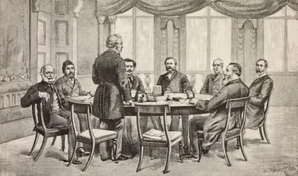 Londense conferentie over Egypte, Verenigd Koninkrijk: Graaf Munster, Musurus Pasha, Granville (staand), Graaf Nigra, Waddington, De Staal, Childers, Graaf Karolyi, gravure naar tekening van Edoardo Ximenes, uit L