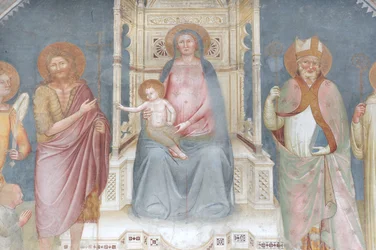 Madonna en Kind, Engel Gabriel, Sint Johannes de Doper, Sint Ambrosius, Sint Bernardus