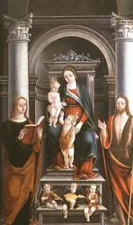 Madonna en Kind ontvangen een roos van de jonge St. Johannes de Doper, met heiligen en engelen door M.B. (monogram)