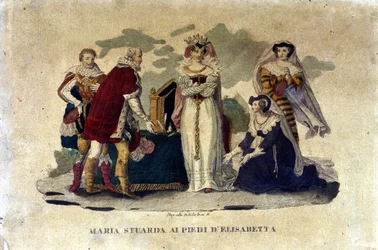 Mary Stuart aan de voeten van Elizabeth I, in de opera Maria Stuarda van Gaetano Donizetti, 1810